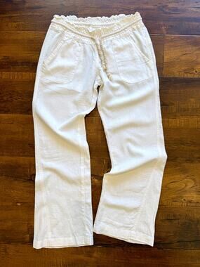 Roxy Oceanside Pants White Linen Blend Drawstring Women’s XSmall Coastal Relaxed